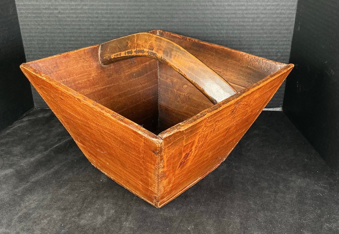 Vintage Handmade Chinese Rice or Grain Measuring Wooden Basket