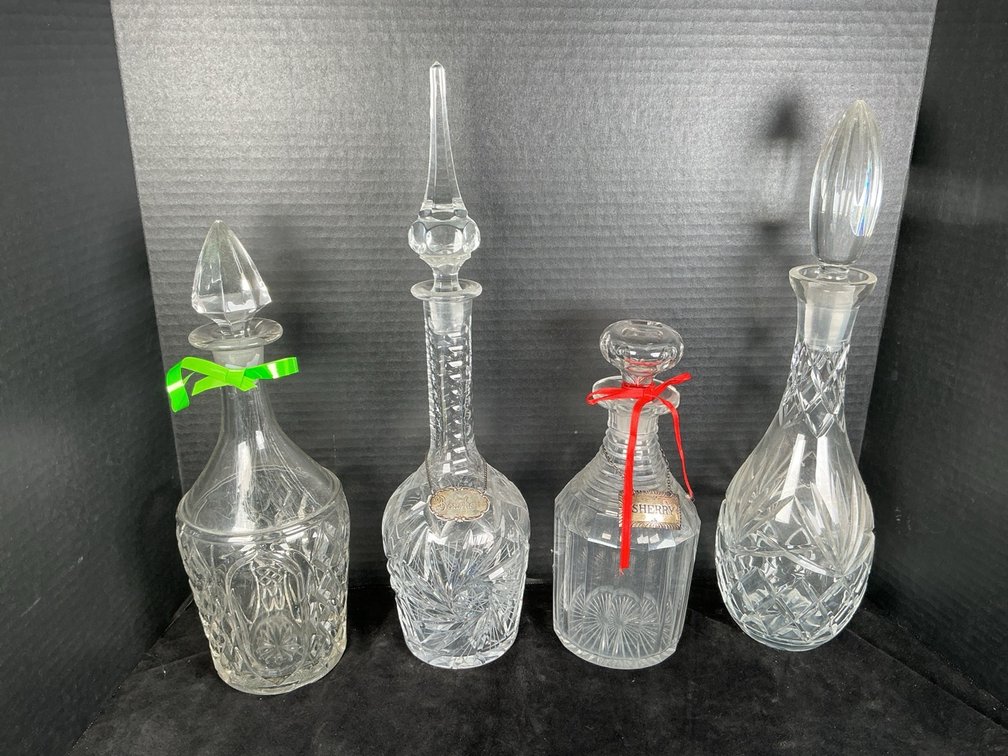 4 Crystal Decanters, Sherry and Bourbon Tags are Sterling