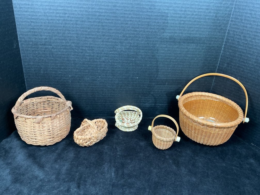 2 Nantucket Baskets w/Swing Handles Plus 3 Handmade Baskets