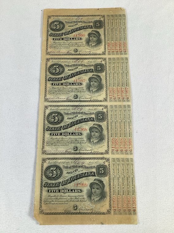 Sheet of 4 1870s Louisiana Baby Bonds