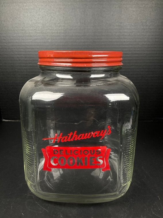 Vintage Hathaway's Delicious Cookies Glass Story Display Counter Jar