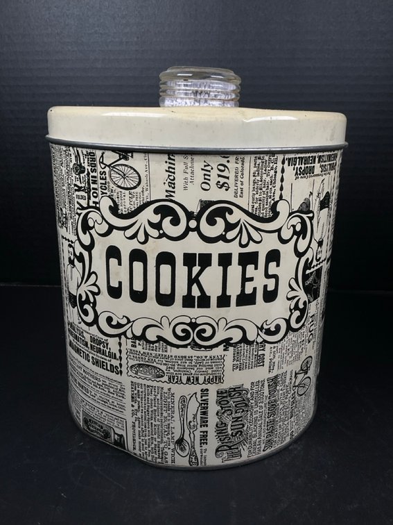 Vintage Newsprint Metal Cookie Jar