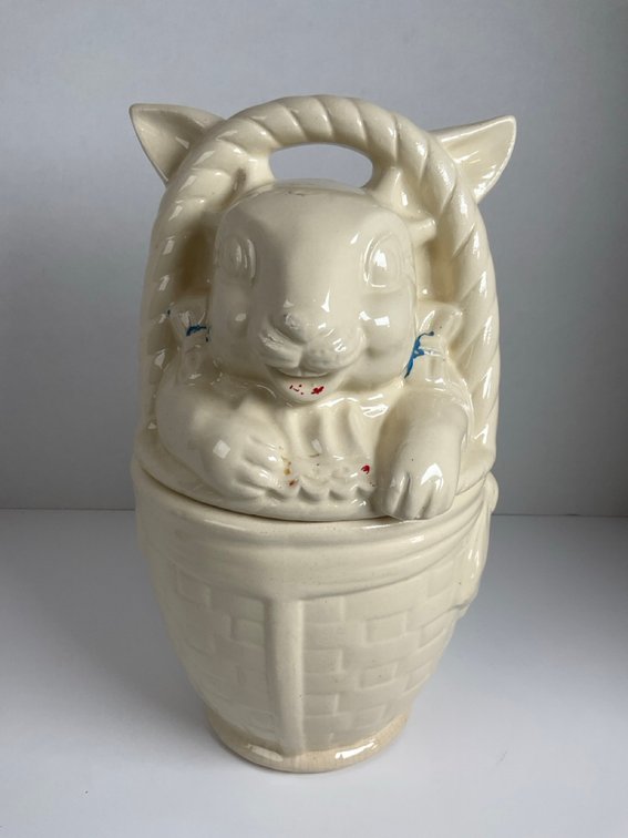 American Bisque 1940's Ceramic Bunny In Basket Cookie Jar