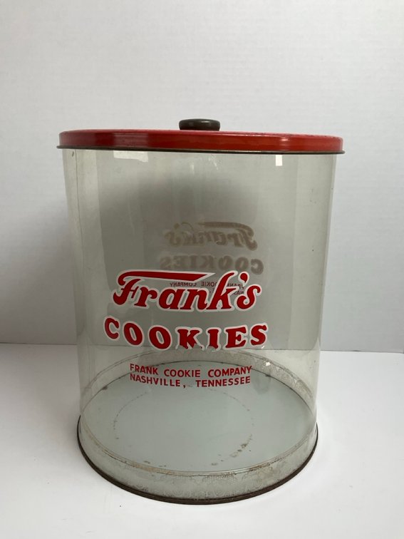Frank's Cookies Counter Plastic Display Container With Tin Lid