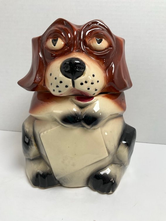 McCoy Pottery Beagle Hound Dog Holding Sign Ceramic Cookie Jar