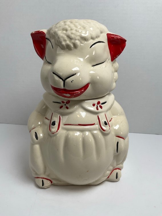 1940's American Bisque Ceramic Lamb In Overalls Cookie Jar