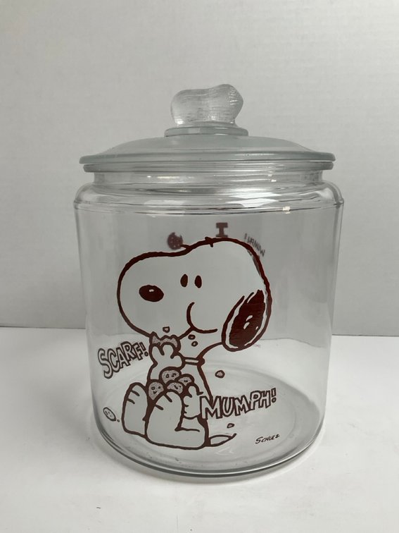 1958 Peanuts Snoopy Clear Glass Cookie Jar With Peanut Knob On Lid