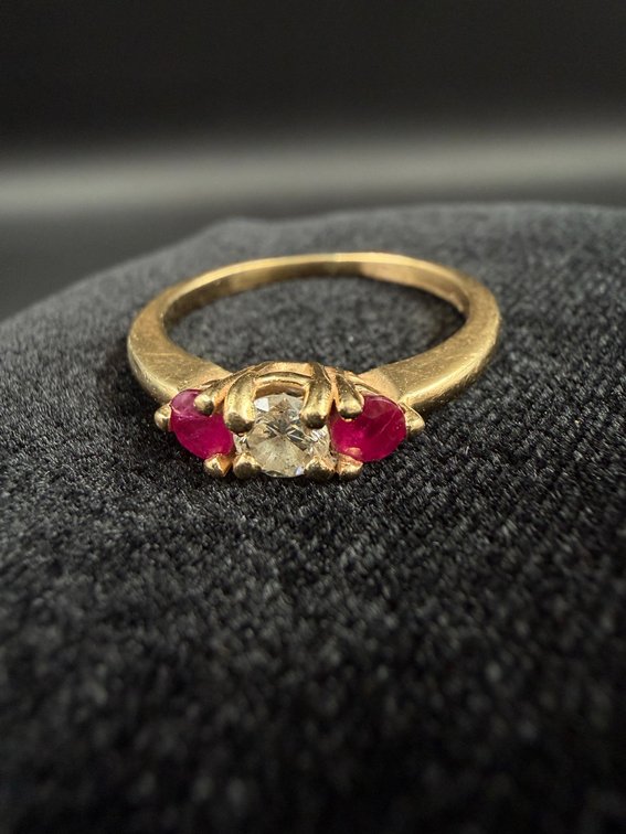 14K Gold Ring with a Diamond & 2 Rubies