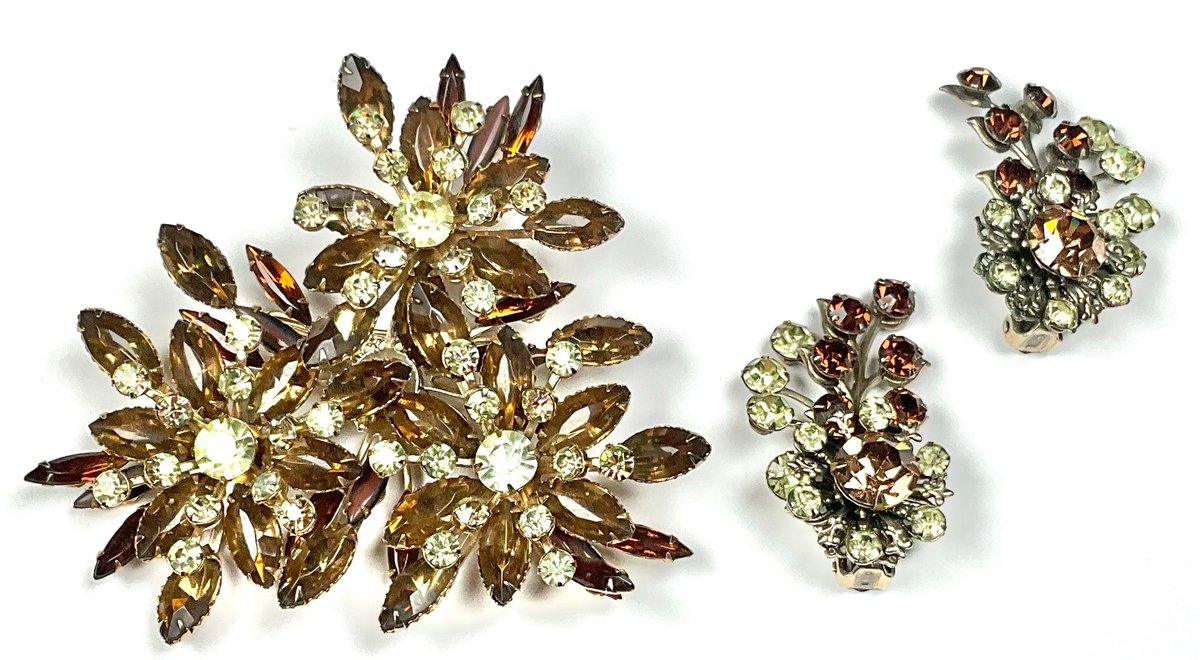 60s Triple Flower Rhinestone Brooch & Earrings