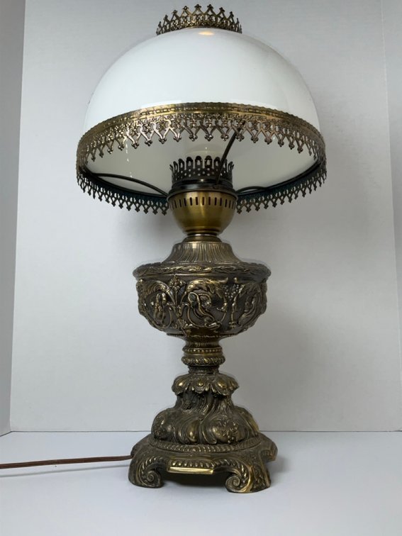 Antique Cast Brass Table Lamp White Glass Shade Crown Gallery