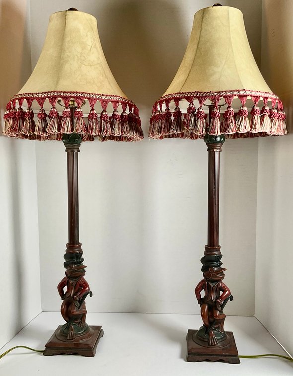 Pair of Anthropomorphic Frog Table Lamps with Tasseled Shades