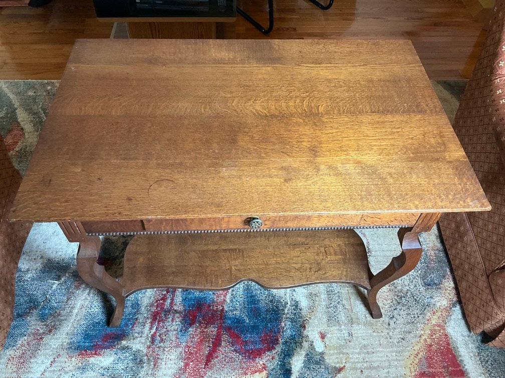 Antique Solid Oak Parlor Table With Drawer and Lower Shelf