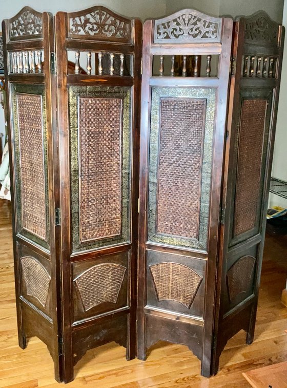 Carved Wood Four Panel Folding Room Divider Screen