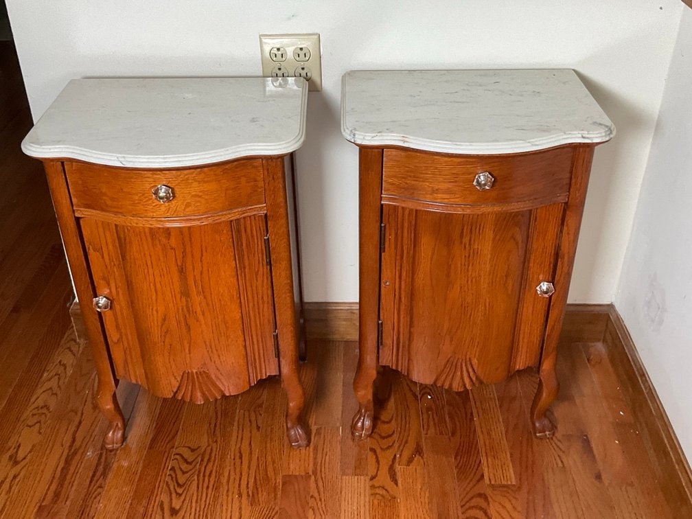 Pair Of Lexington Oak Marble Top Nightstands Bedside Tables
