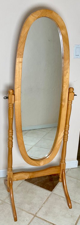 Traditional Queen Anne Style Oak Finish Wooden Oval Cheval Floor Mirror