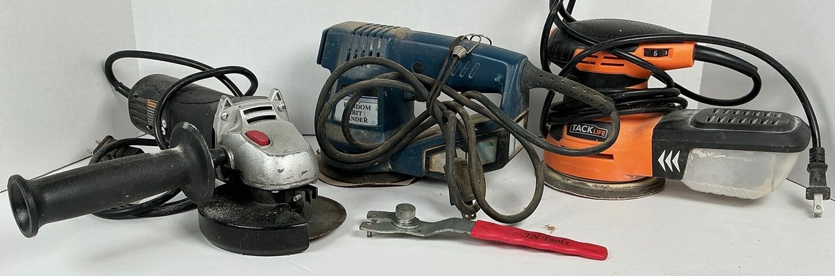 Assorted Power Tools Featuring Ryobi and Tacklife Sanders and Angle Grinder