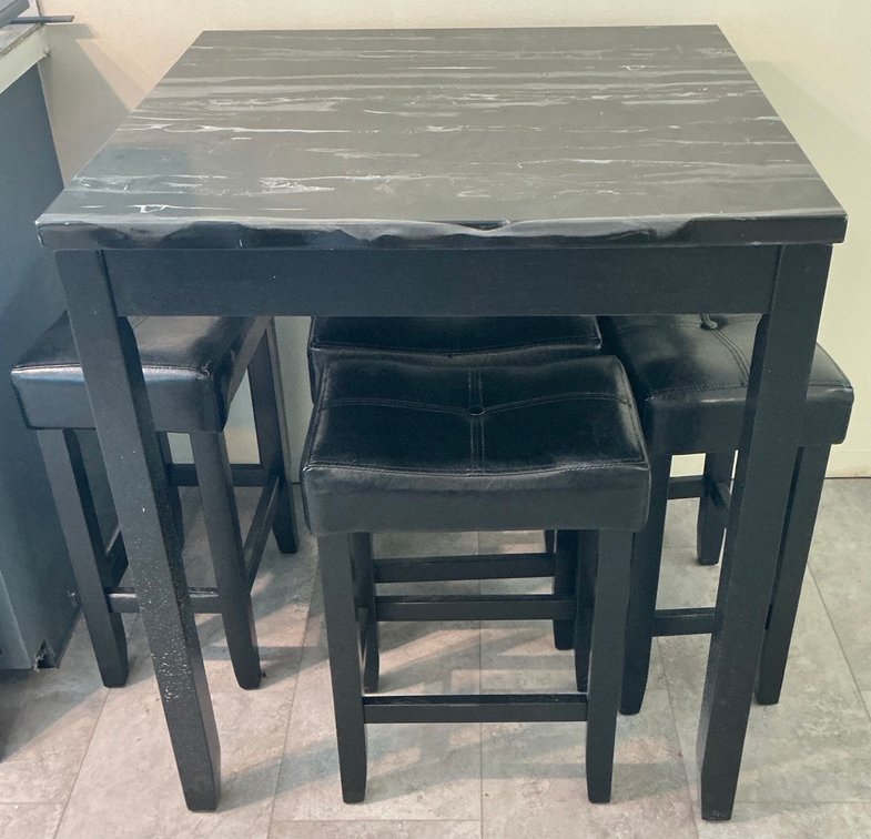 Acme Furniture Black Faux Marble Top Table with Four Stools