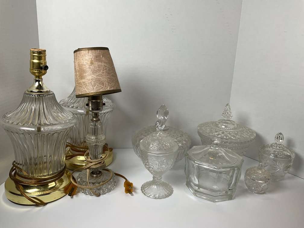 Clear Cut Glass Table Lamps and Assorted Lidded Candy Dishes