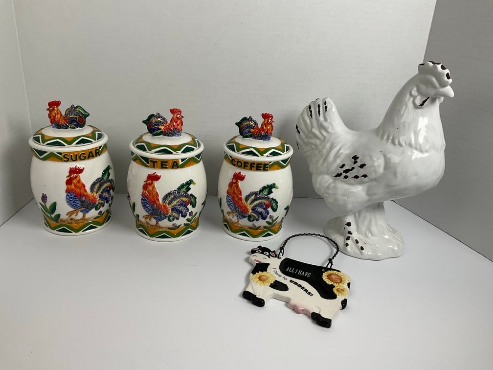 Ceramic Farmhouse Kitchen Decor,  Rooster Canister Set, & Figurine Plaque