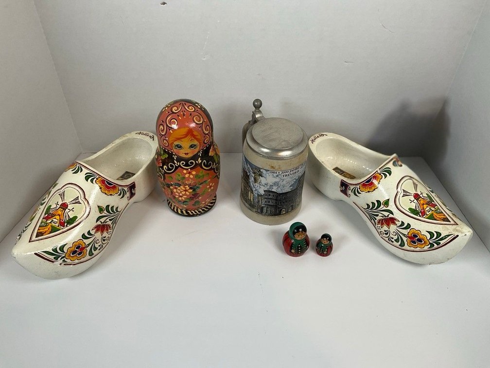 European Souvenir Lot Including Dutch Wooden Clogs And Russian Matryoshka
