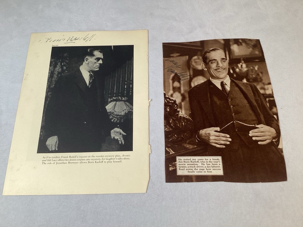 Two Boris Karloff Signed Magazine Pages
