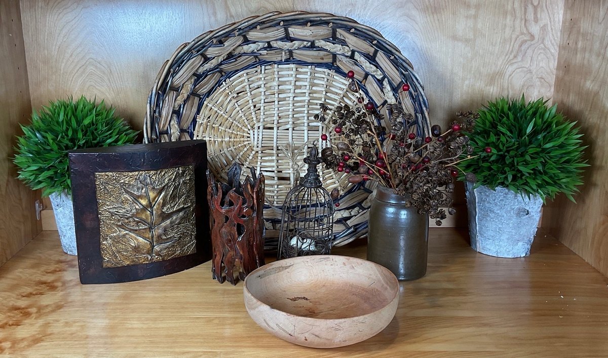Rustic Decorative Assortment Featuring Stoneware Crock and Woven Basket