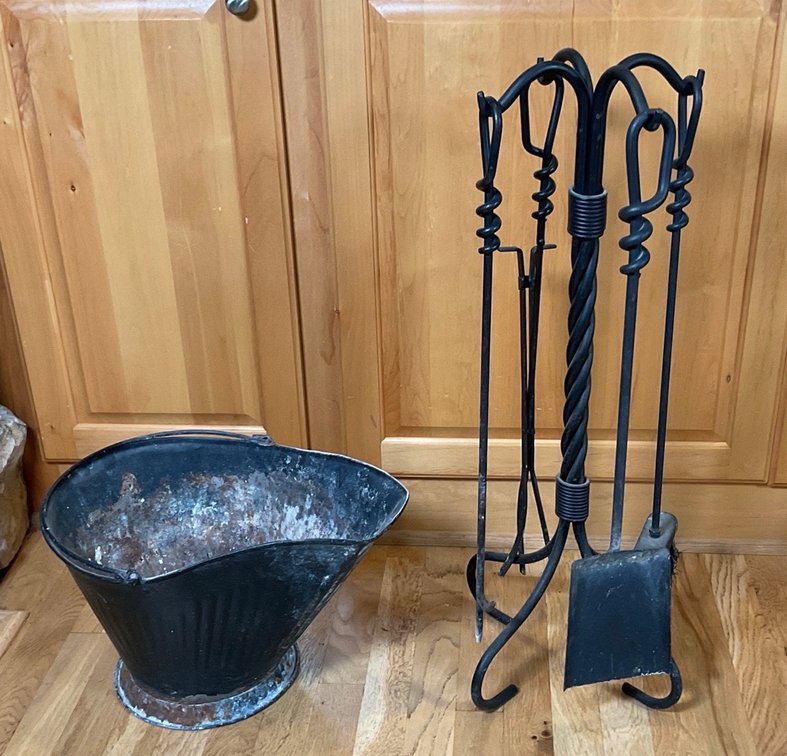 Wrought Iron Fireplace Toolset and Metal Coal Hod Bucket