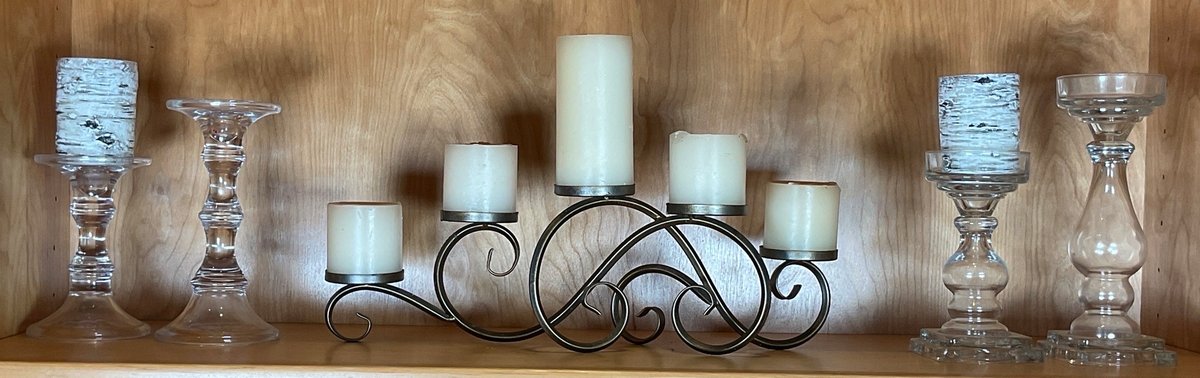 Wrought Metal Candelabrum with Glass Candlesticks and Assorted Pillar Candles