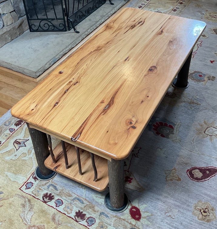 Rustic Hickory Log Coffee Table with Lower Tier Shelf