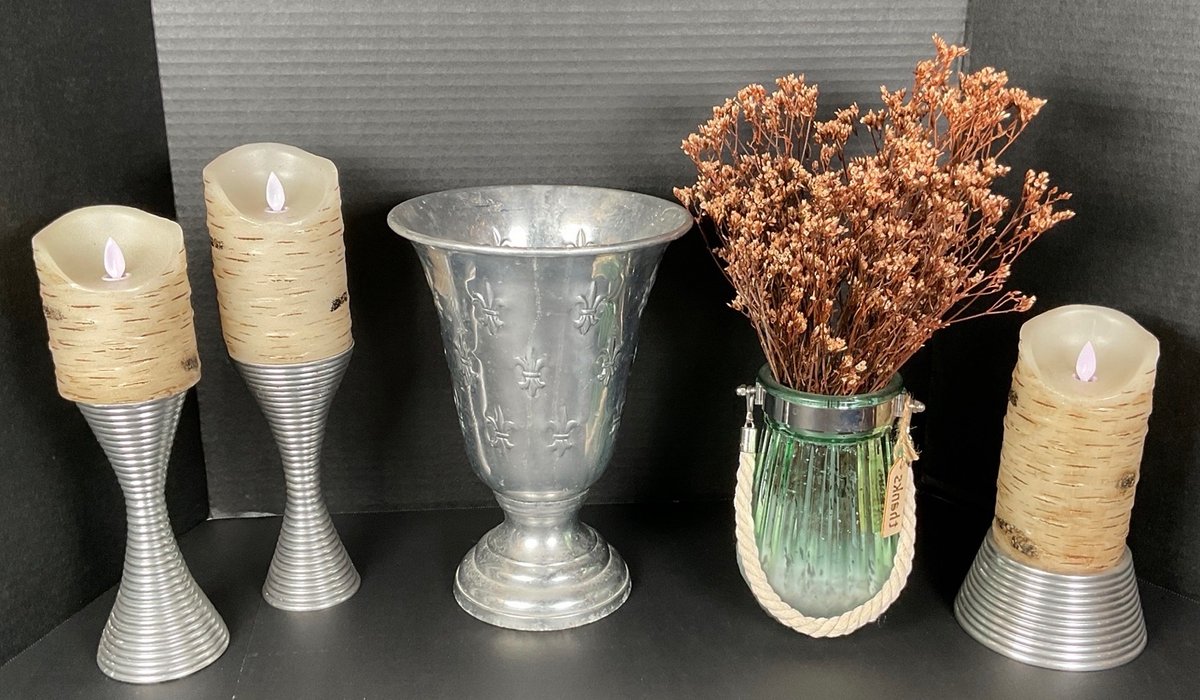 Contemporary Tabletop Decor With Aluminum Candlesticks and Fluted Urn