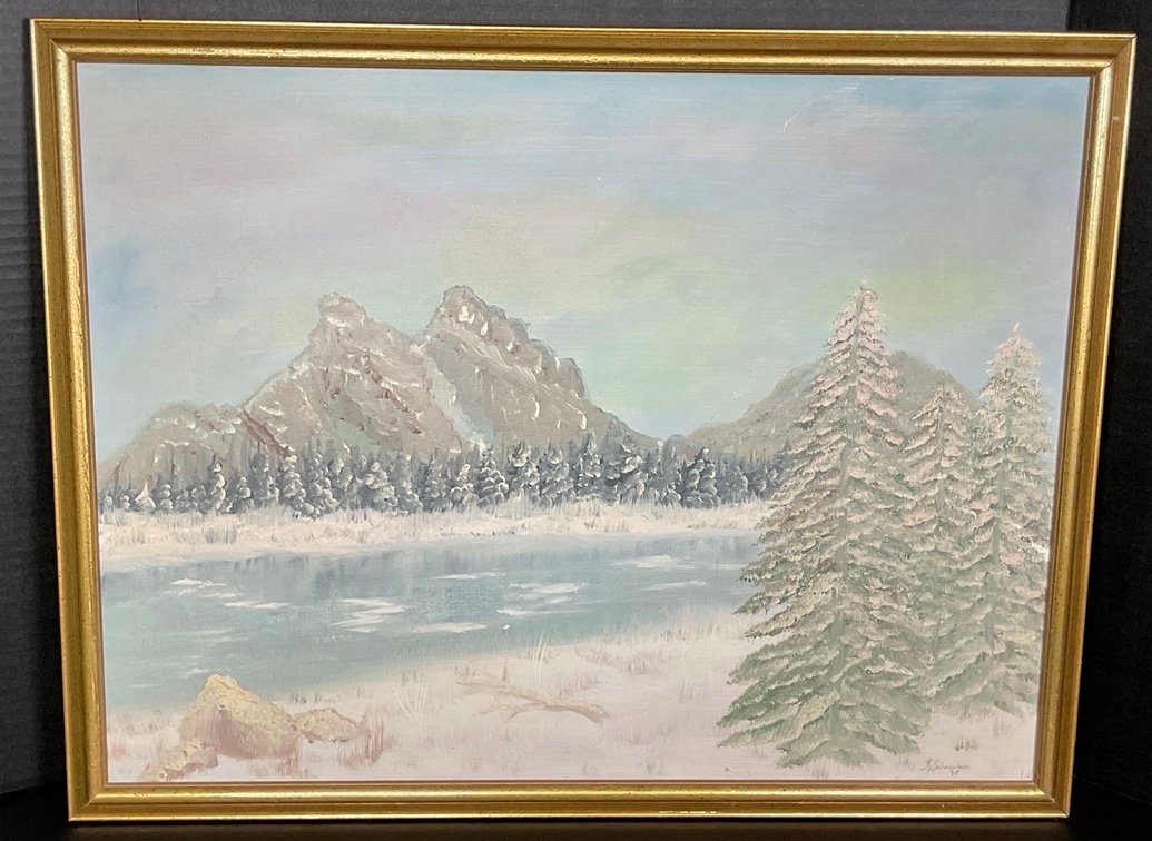 Framed Winter Mountain Landscape Oil Painting Signed R. Schneider