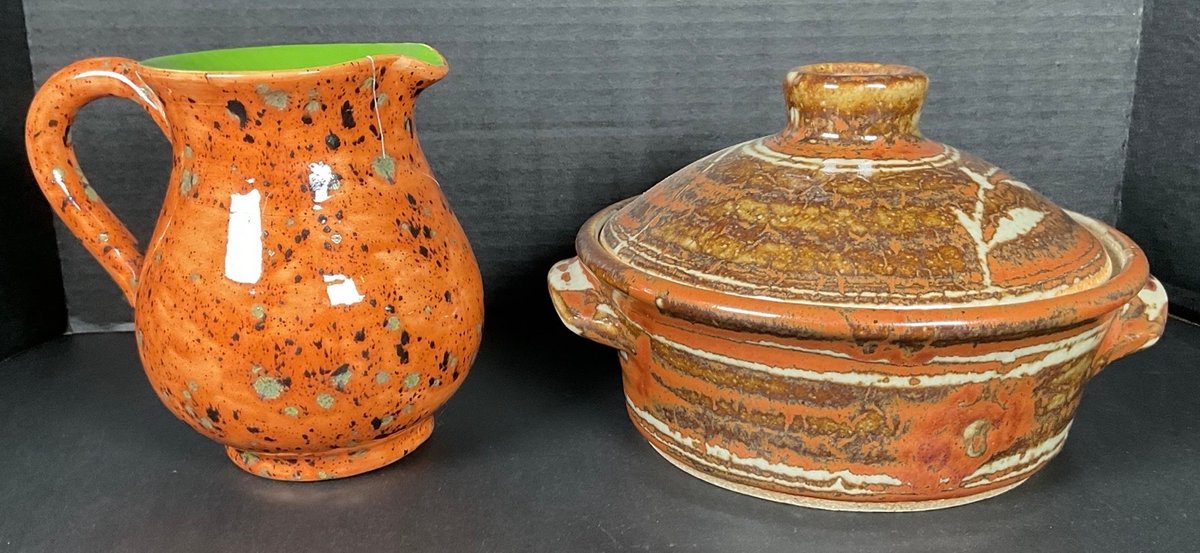 Studio Art Pottery Speckled Pitcher and Covered Casserole Dish