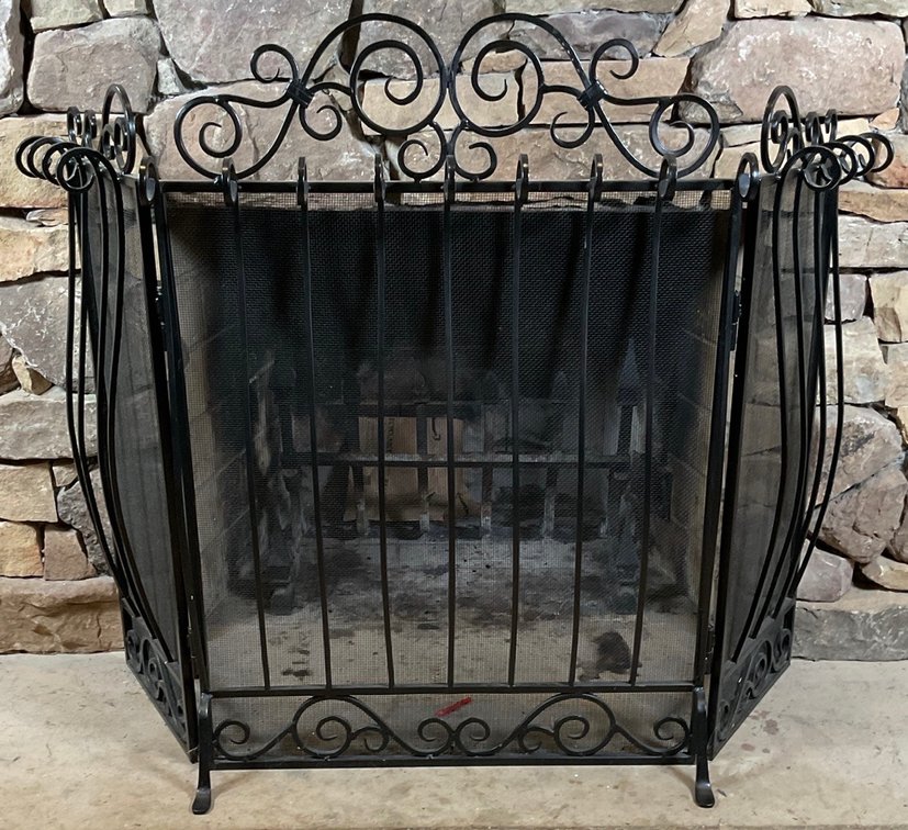 Three Panel Black Metal Folding Fireplace Screen Guard