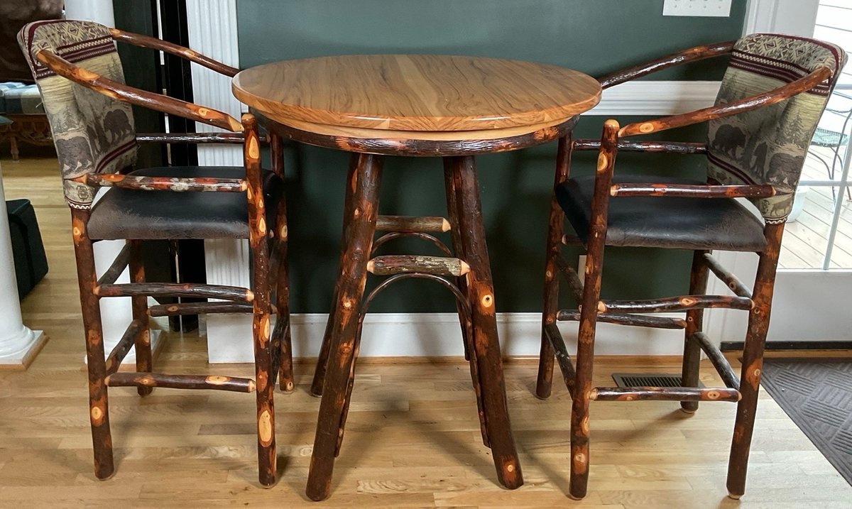 Rustic Amish Hickory Pub Table and Hoop Barstools Set