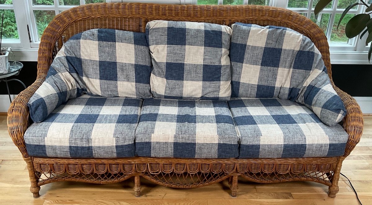 Natural Wicker Three Cushion Sofa With Plaid Upholstery
