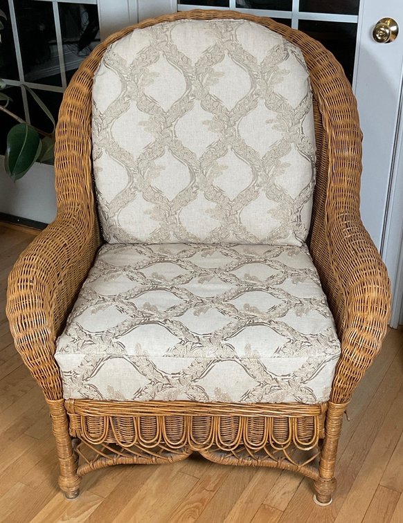 Woven Rattan and Wicker Lounge Armchair with Upholstered Cushions