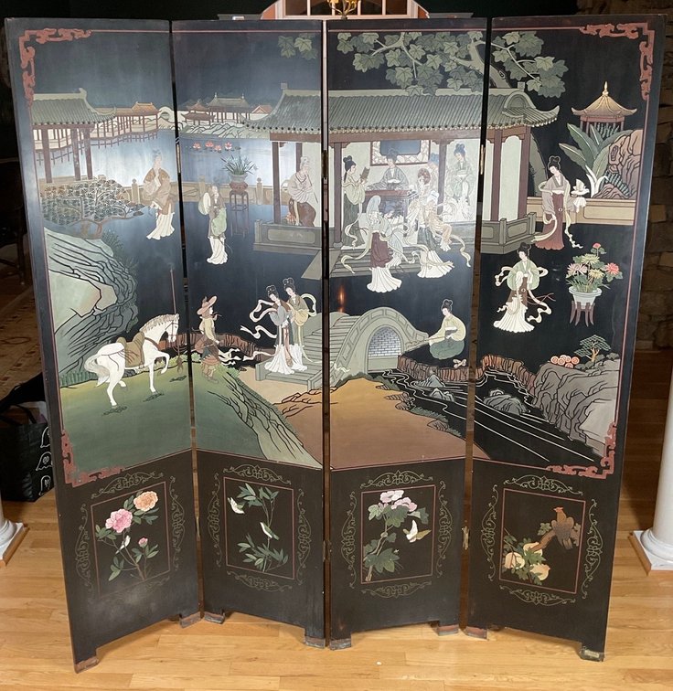 Chinese Black Lacquer Four Panel Folding Room Divider Screen