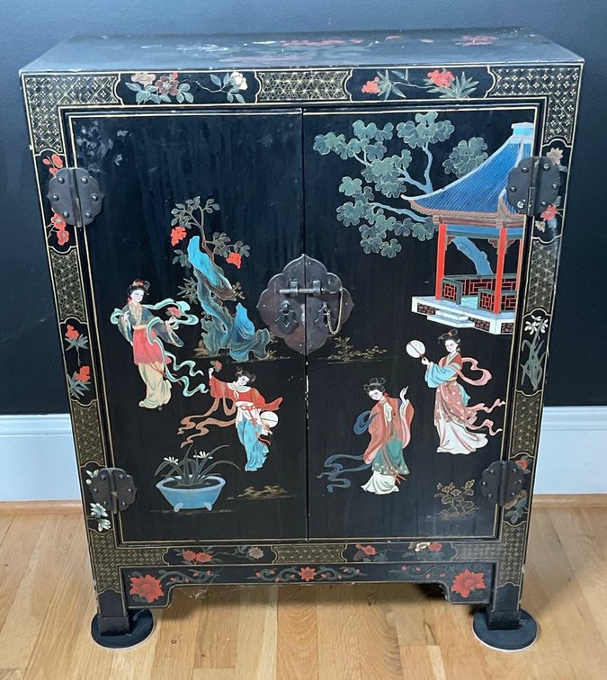 Chinese Black Lacquer Two Door Chinoiserie Cabinet