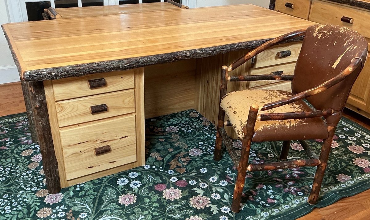JHE's Log Furniture Hickory Executive Desk With Armchair And Stools