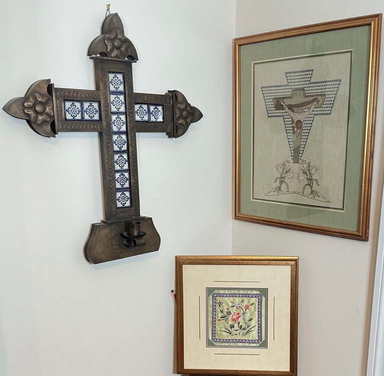 Punched Tin Talavera Cross Candleholder and Framed Embroidered Religious Artwork