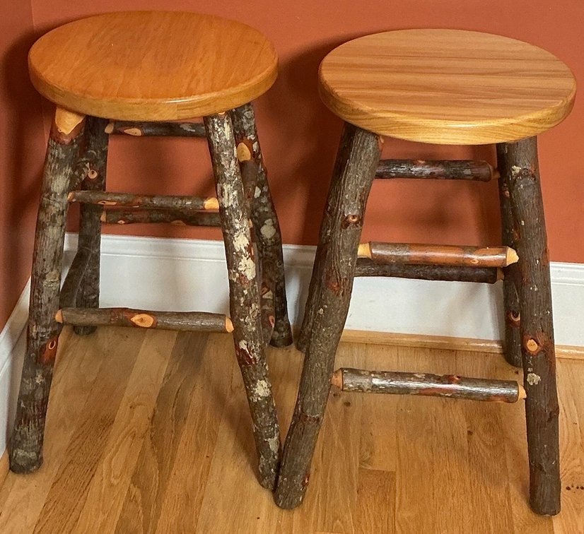 Pair of Rustic Hickory Bark Log Bar Stools