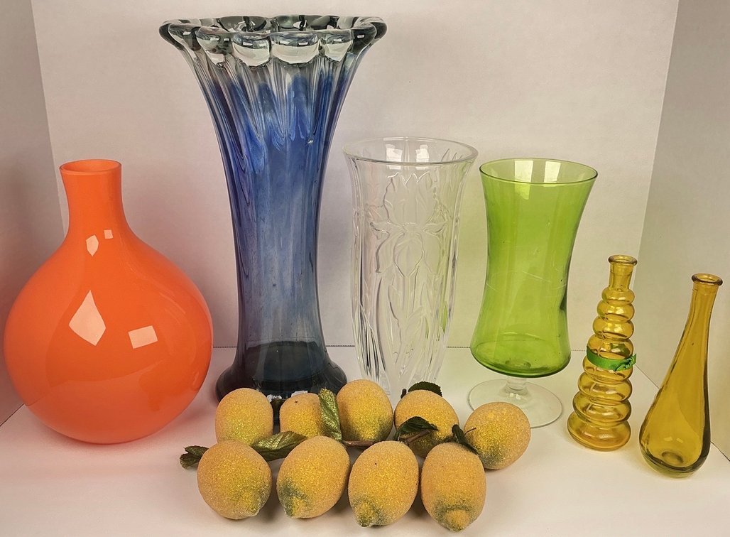Gorham Crystal Iris Vase and Colorful Art Glass Vases