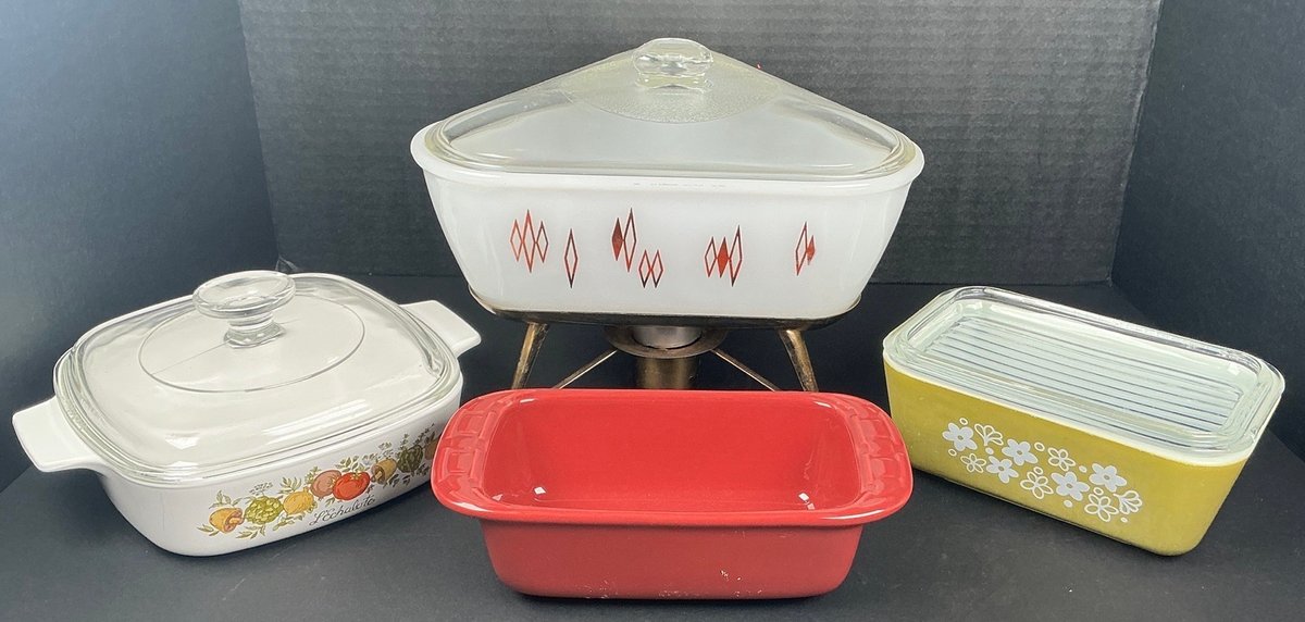 Mid-Century Inland Glass Warming Casserole, Pyrex, Corning Ware Lot