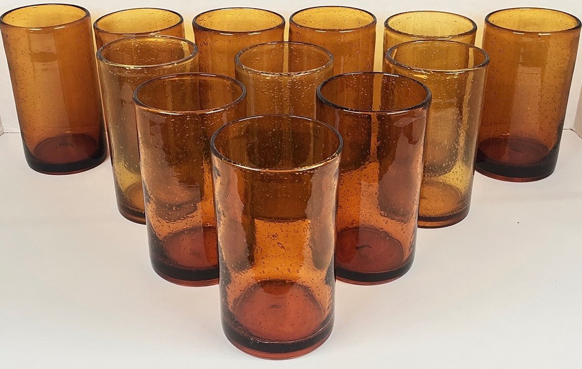 Hand Blown Amber Seeded Bubble Glass Tumblers