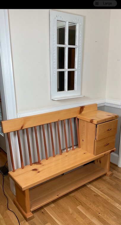 Knotty Pine Gossip Bench with Eagle Hardware and Wall Mirror