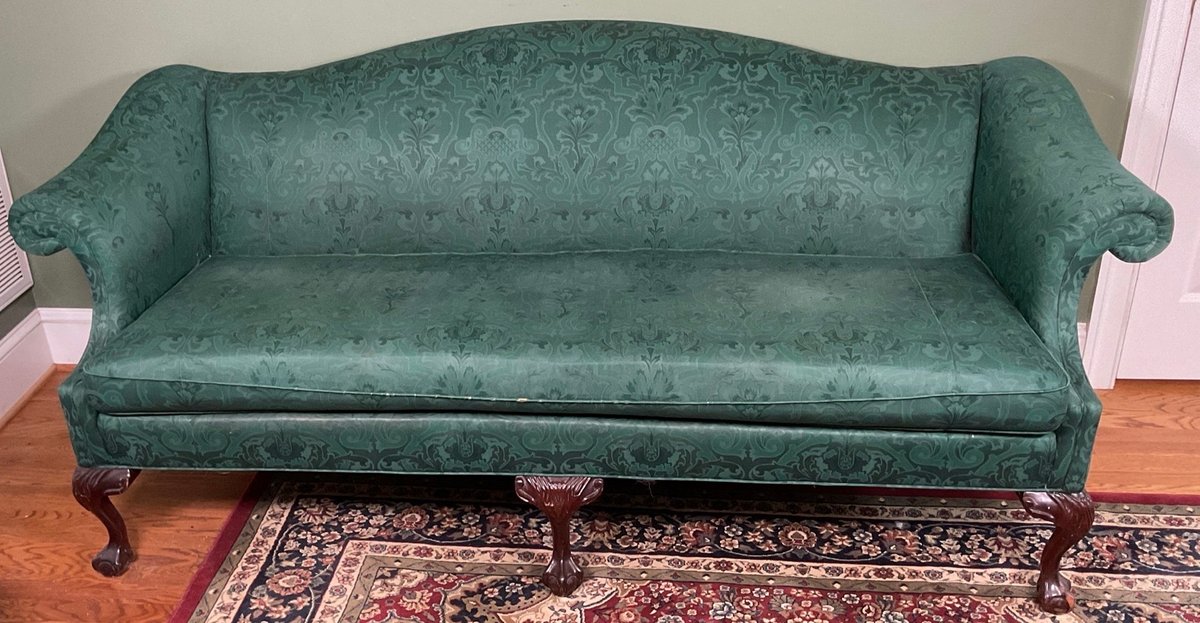 Sherrill Chippendale Style Camelback Sofa Green Damask Upholstery