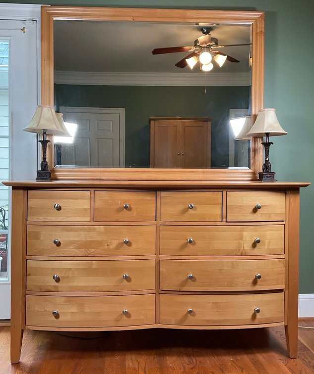 Solid Pine Ten Drawer Dresser with Mirror and Elephant Lamps
