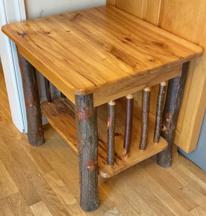 Rustic Hickory Log End Table with Side Spindles