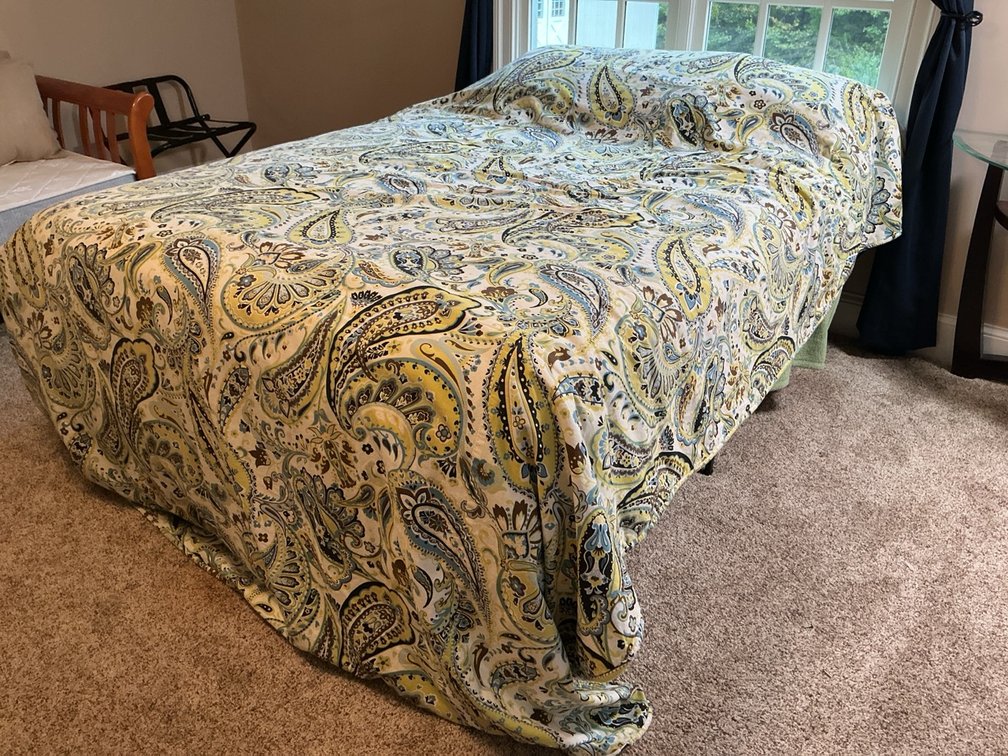 Metal Platform Bed Frame with Paisley Bedspread and Linens