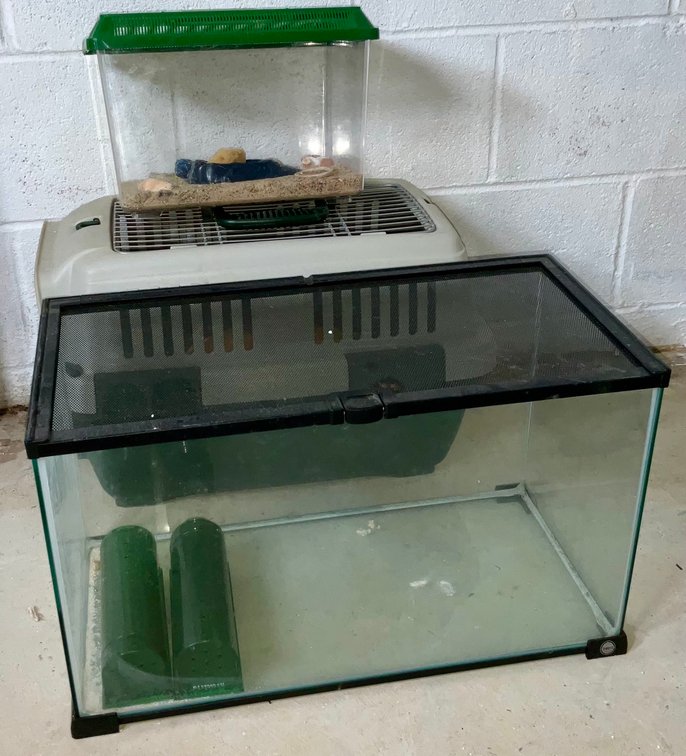 Pet Supplies Lot Featuring Glass Terrarium, Portable Carrier & More